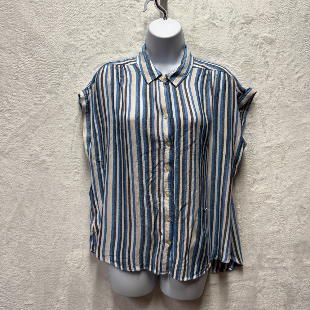 Eddie Bauer Button Up Eco Varo Shirt Sleeveless Large Blue Striped Casual Soft